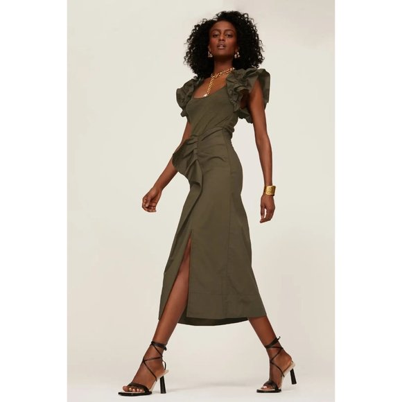 Ulla Johnson Green Isabella Ruffle Midi Dress Cap Sleeves Scoop Neck Size S